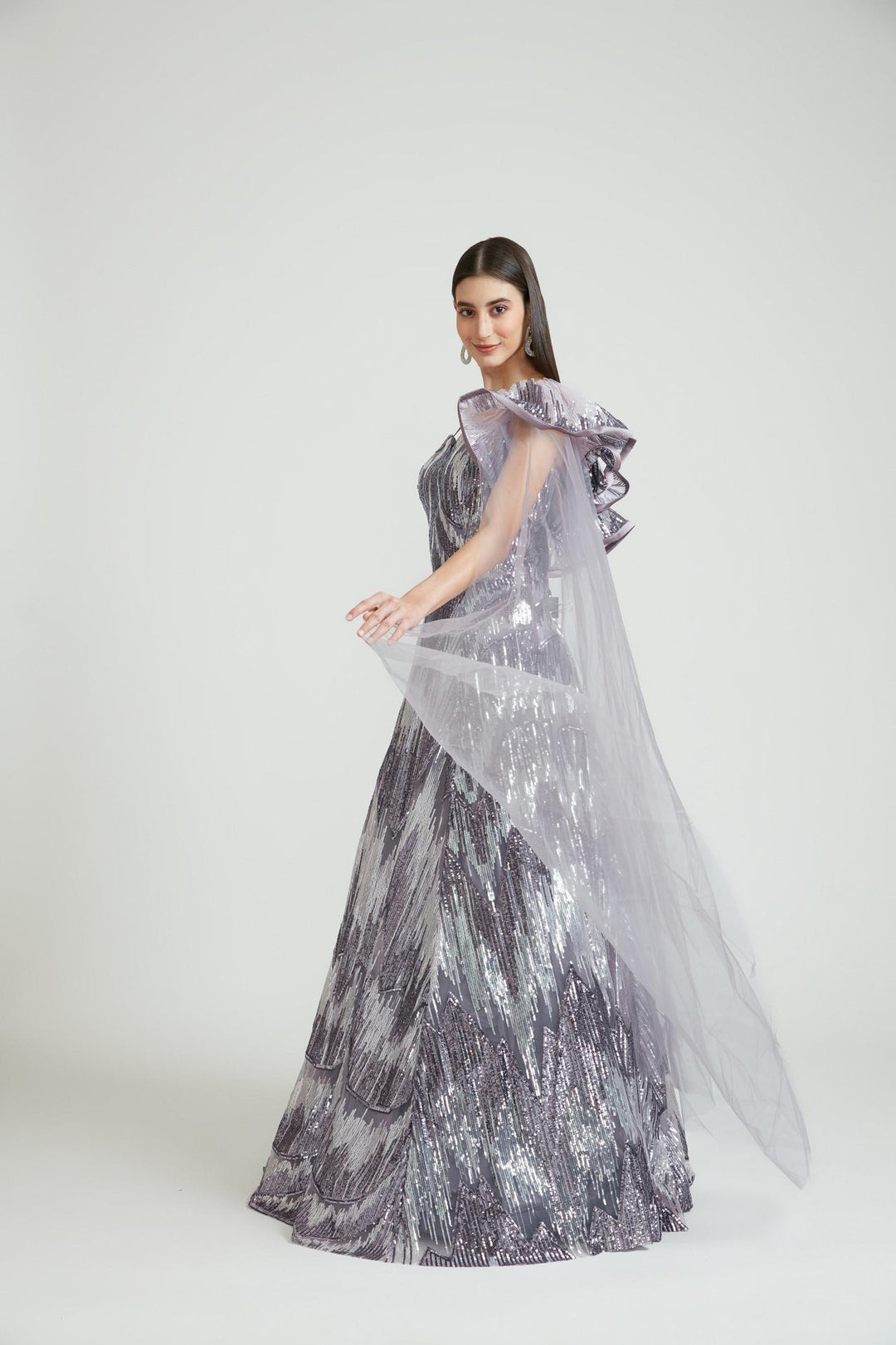 Neerus Purple net embroidered gown - front view