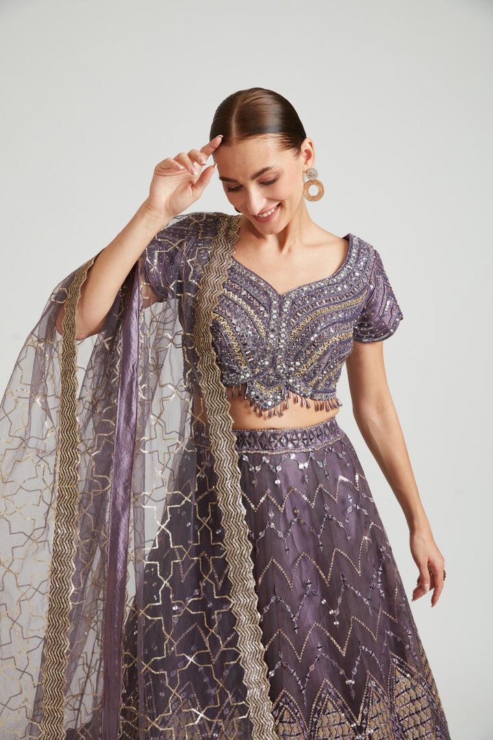 Neerus Purple net embellished lehenga choli set - side view