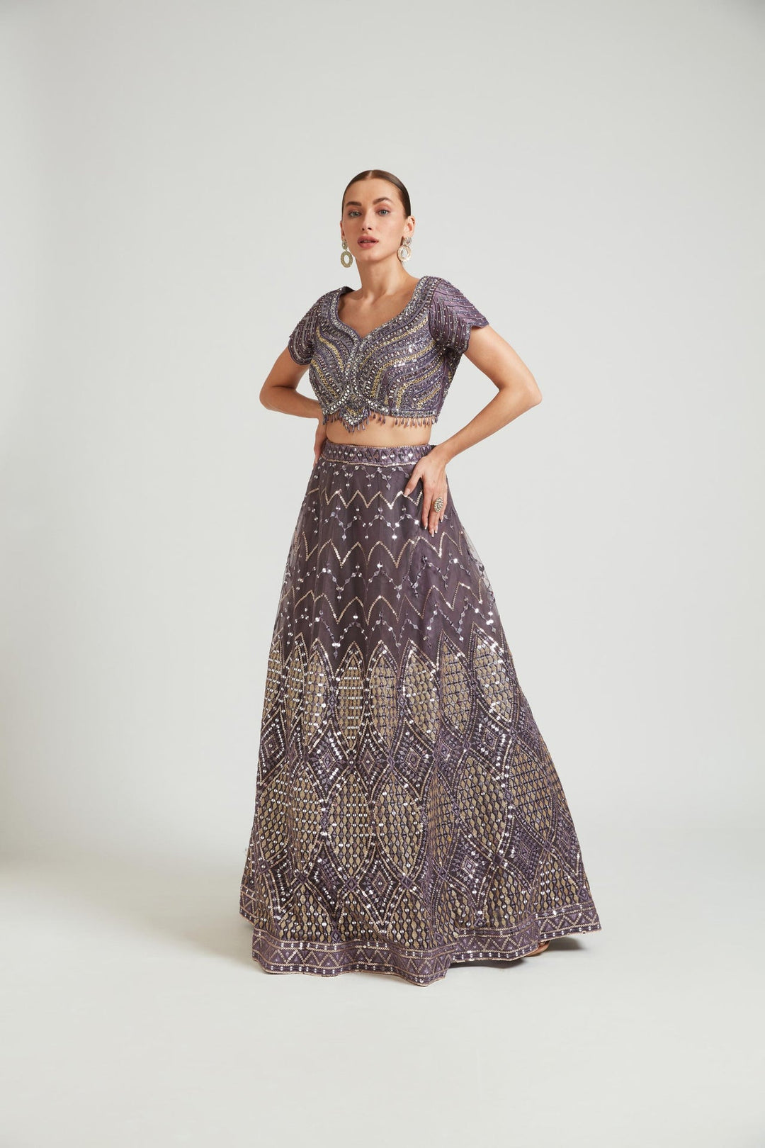 Neerus Purple net embellished lehenga choli set - detail view 2