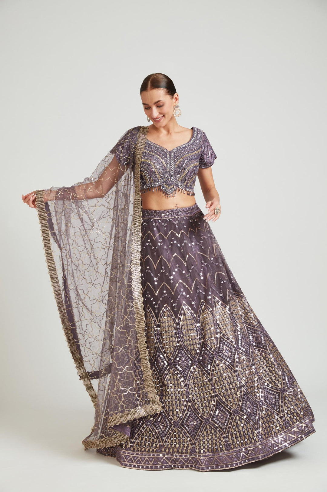 Neerus Purple net embellished lehenga choli set - detail view 3
