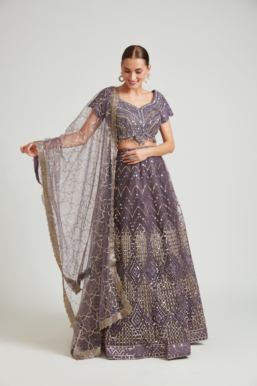 Neerus Purple net embellished lehenga choli set - detail view 4