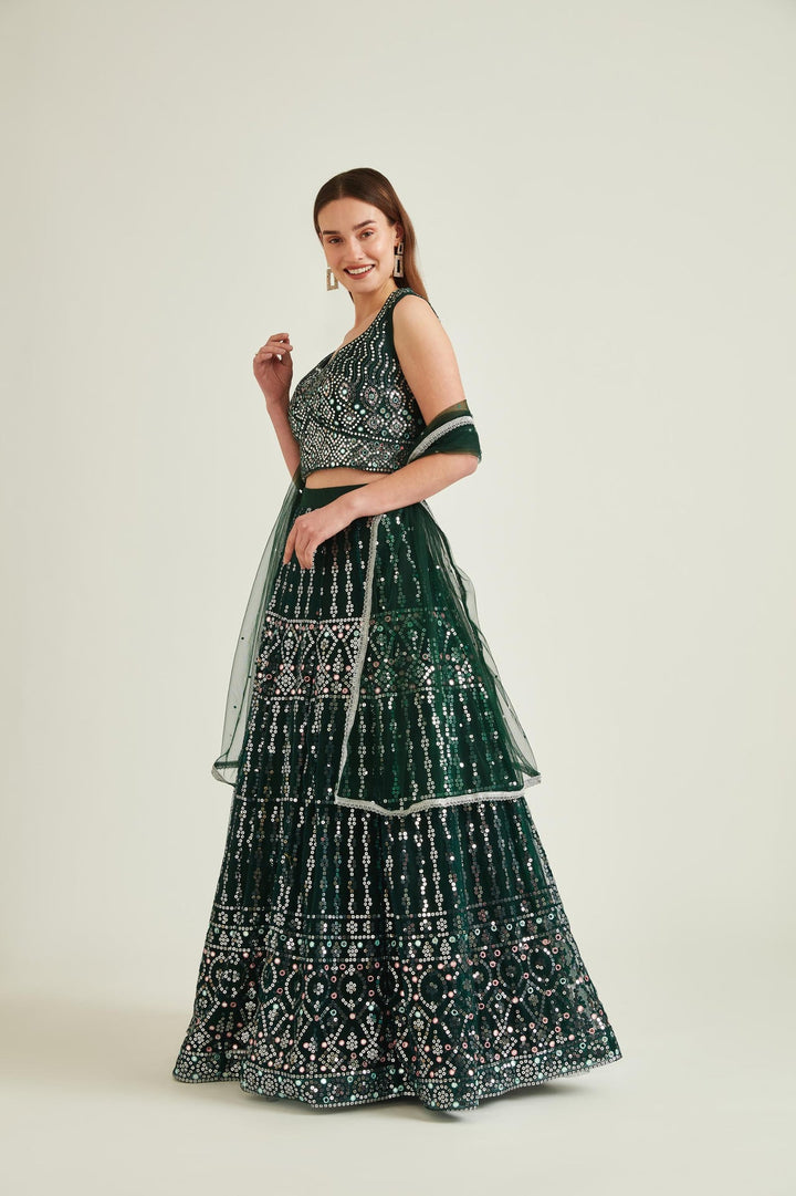 Neerus Green net embellished lehenga set - front view