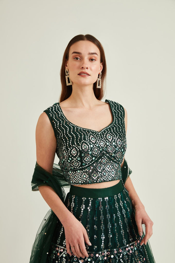Neerus Green net embellished lehenga set - side view