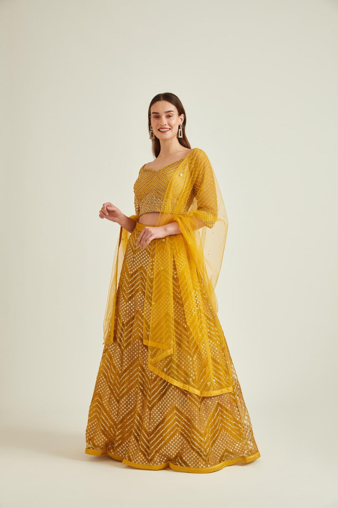 Neerus Yellow net embellished lehenga set - front view
