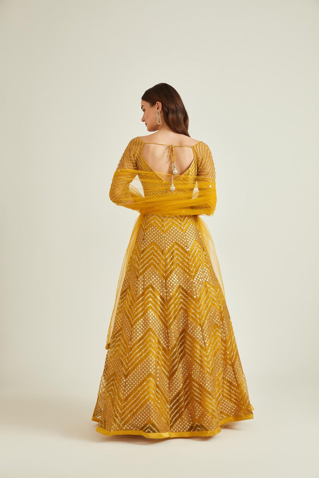 Neerus Yellow net embellished lehenga set - back view