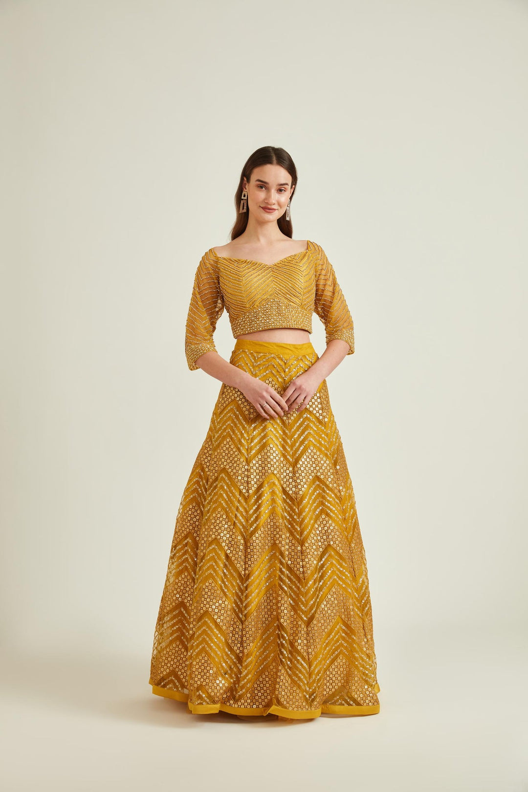 Neerus Yellow net embellished lehenga set - detail view 1
