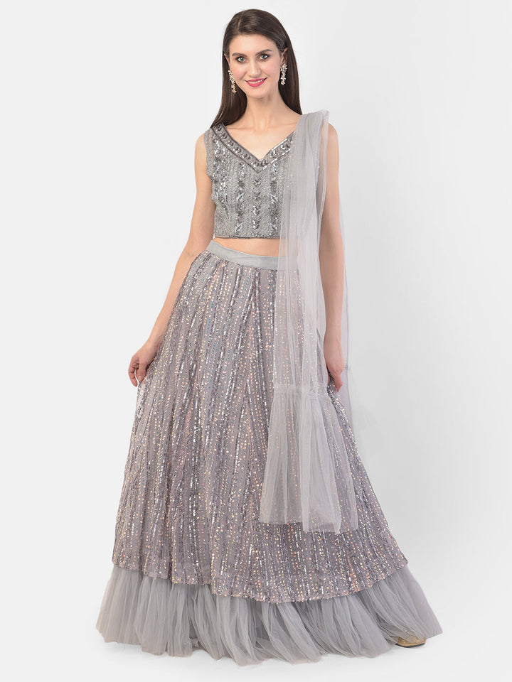 Neerus Grey net embellished lehenga set - detail view 5