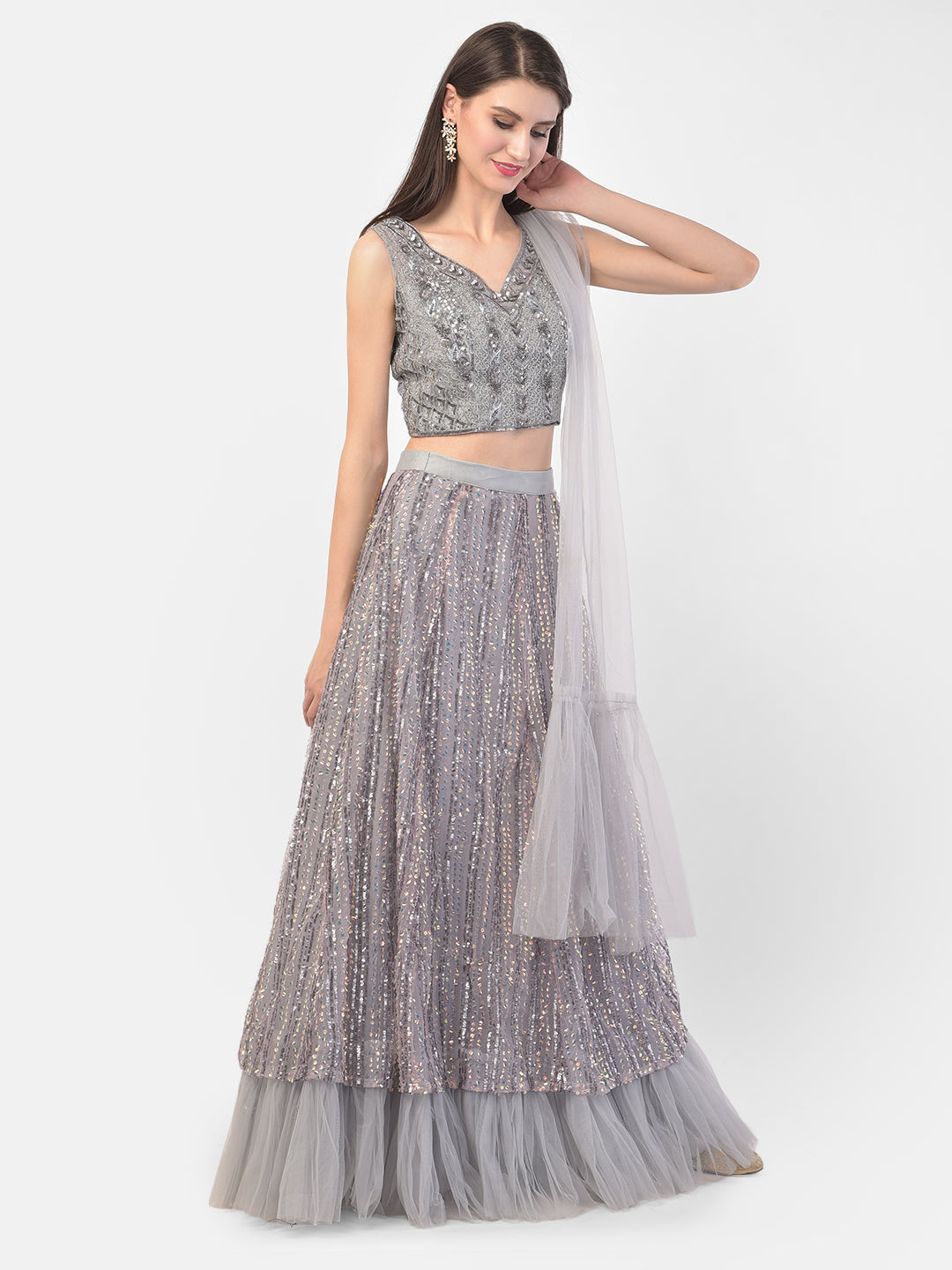 Neerus Grey net embellished lehenga set - back view