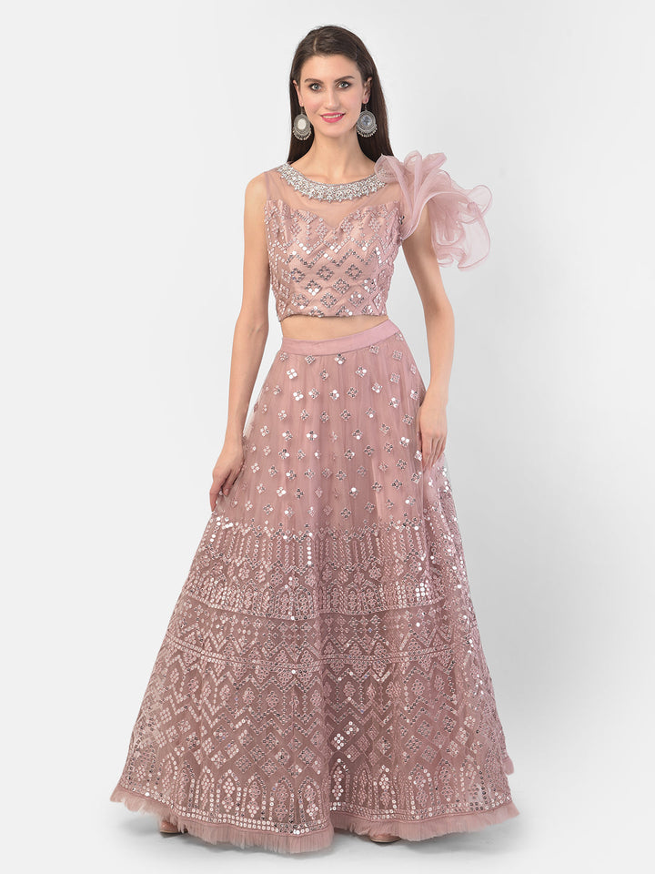 Neerus Pink net embellished lehenga set - detail view 5