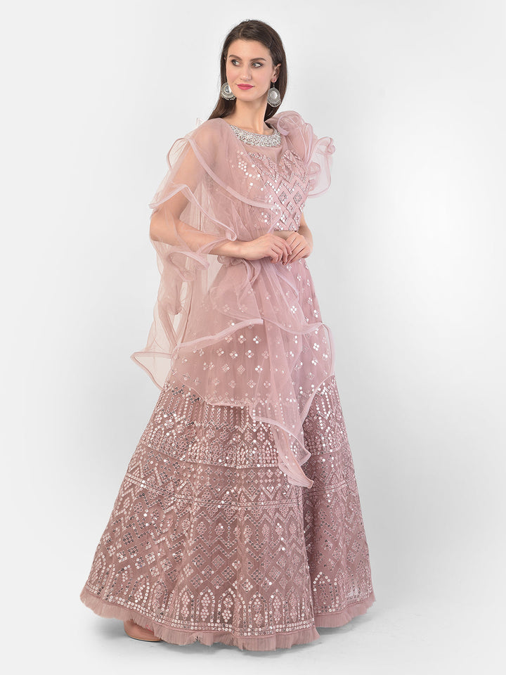 Neerus Pink net embellished lehenga set - side view