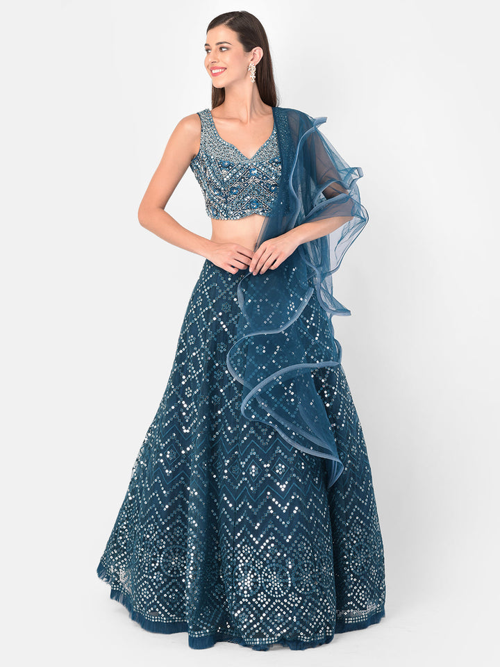 Neerus Blue net embellished lehenga set - detail view 5