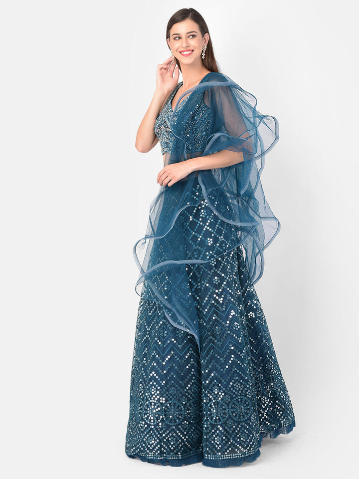 Neerus Blue net embellished lehenga set - front view