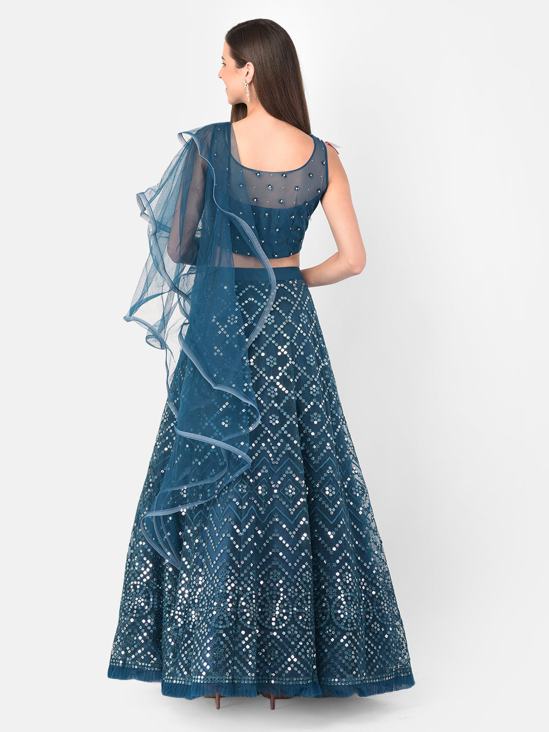 Neerus Blue net embellished lehenga set - side view
