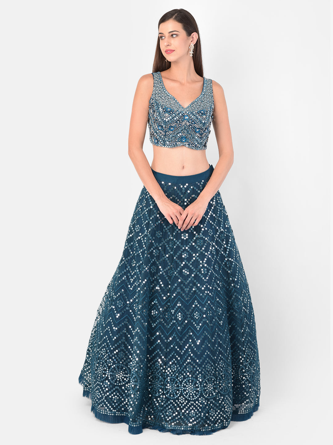 Neerus Blue net embellished lehenga set - detail view 4