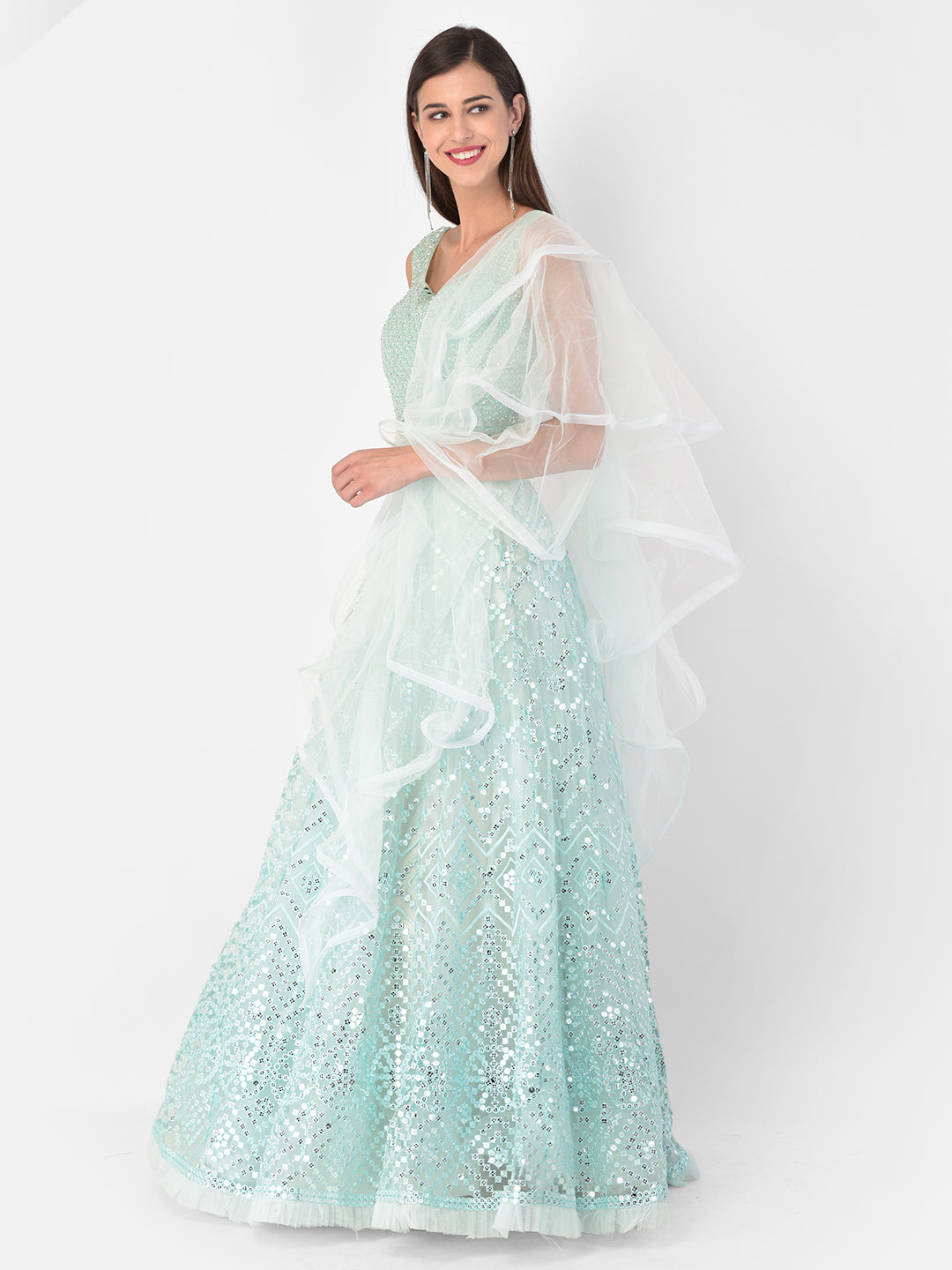 Neerus Blue net embellished lehenga set - front view