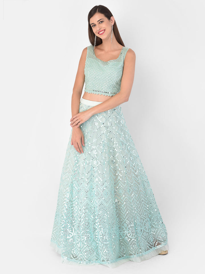 Neerus Blue net embellished lehenga set - detail view 4