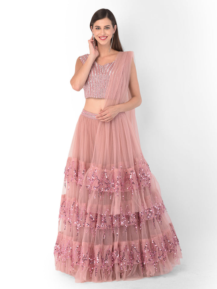 Neerus Pink net embellished lehenga set - detail view 5