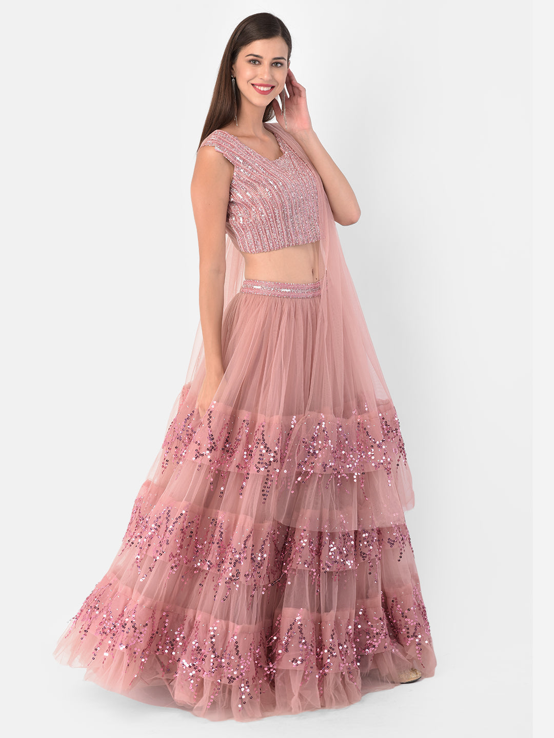 Neerus Pink net embellished lehenga set - front view