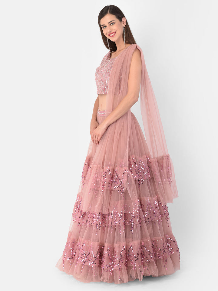Neerus Pink net embellished lehenga set - back view