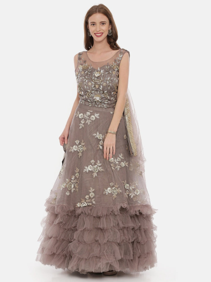 Neerus Brown net embroidered lehenga - front view
