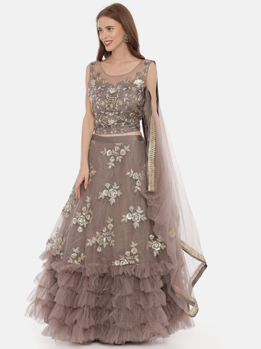 Neerus Brown net embroidered lehenga - side view