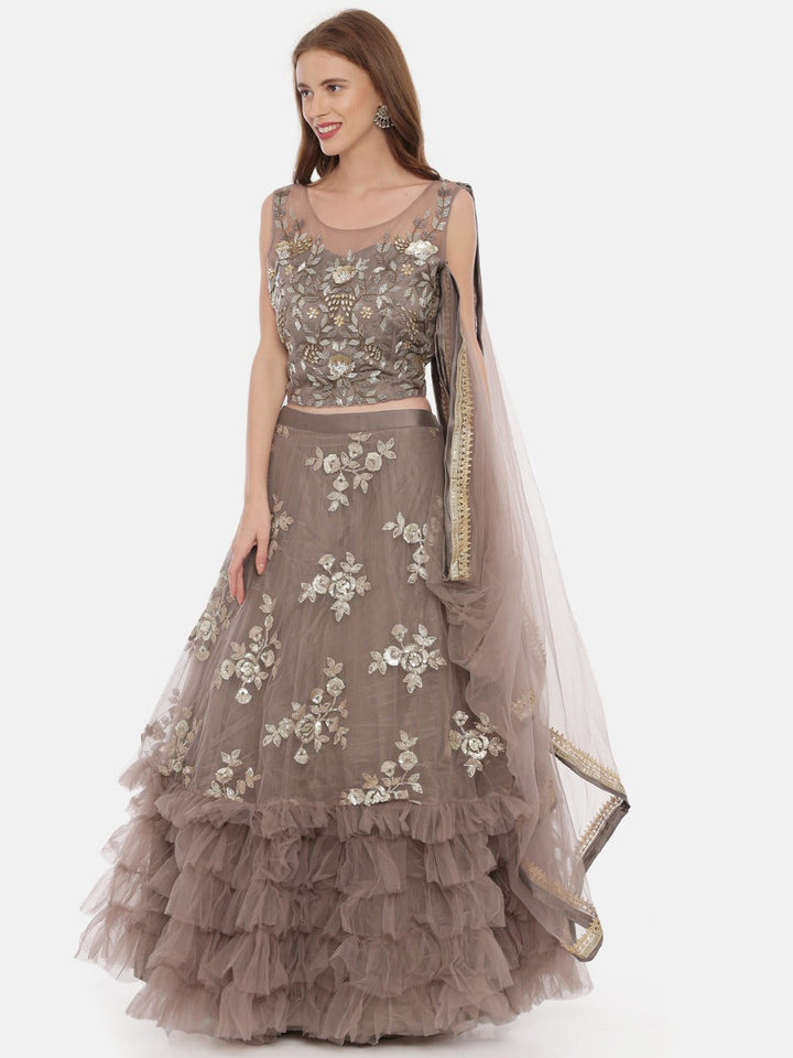 Neerus Brown net embroidered lehenga - side view