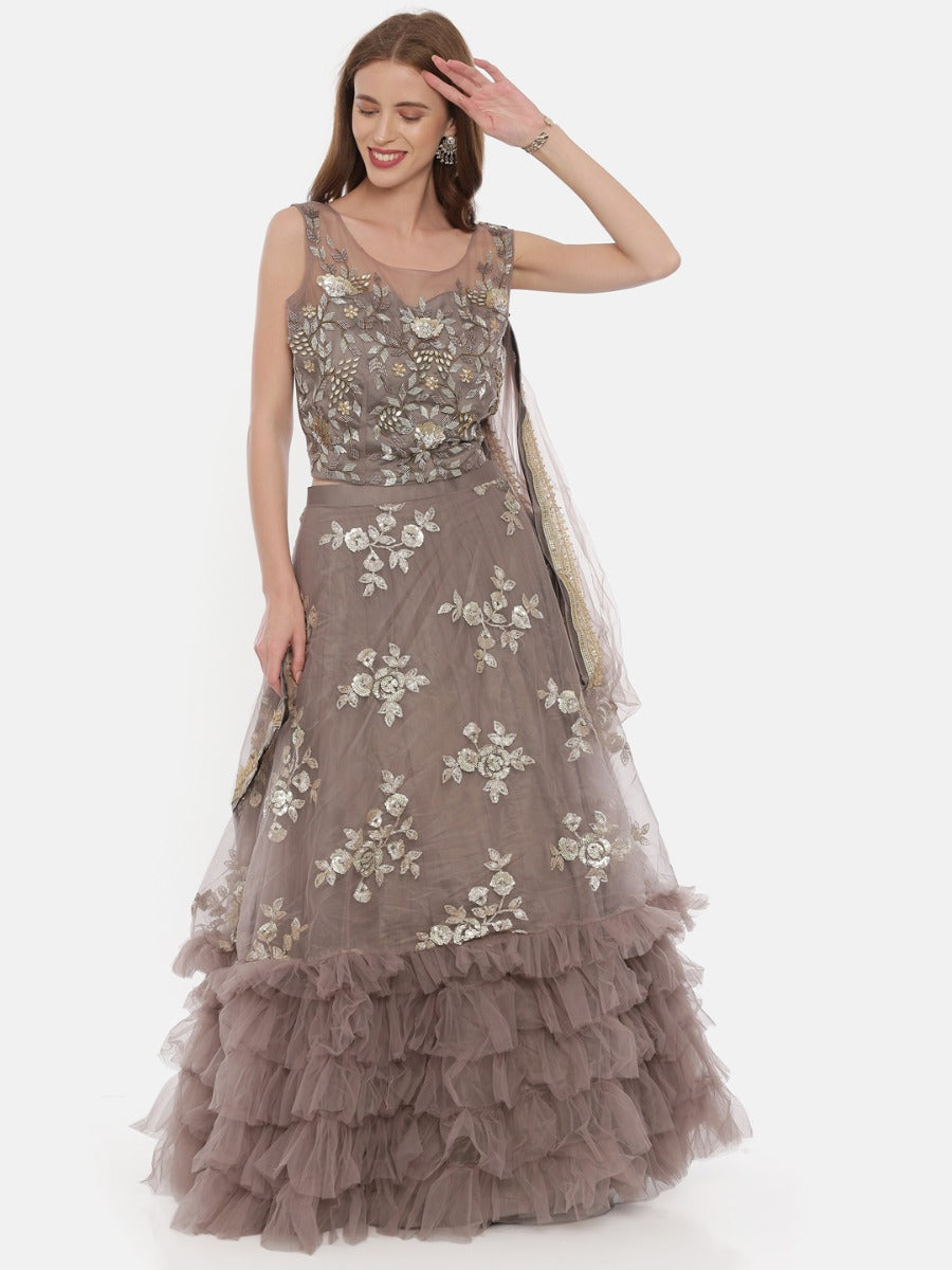 Neerus Brown net embroidered lehenga - detail view 3