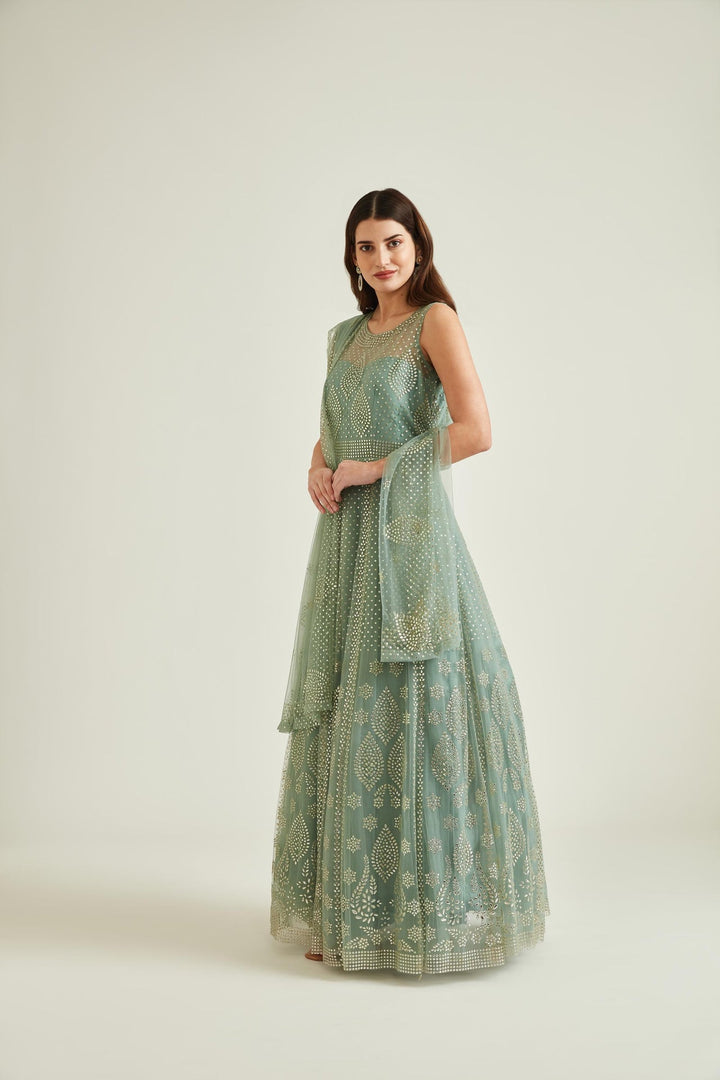 Neerus Blue net mirror work gown - front view