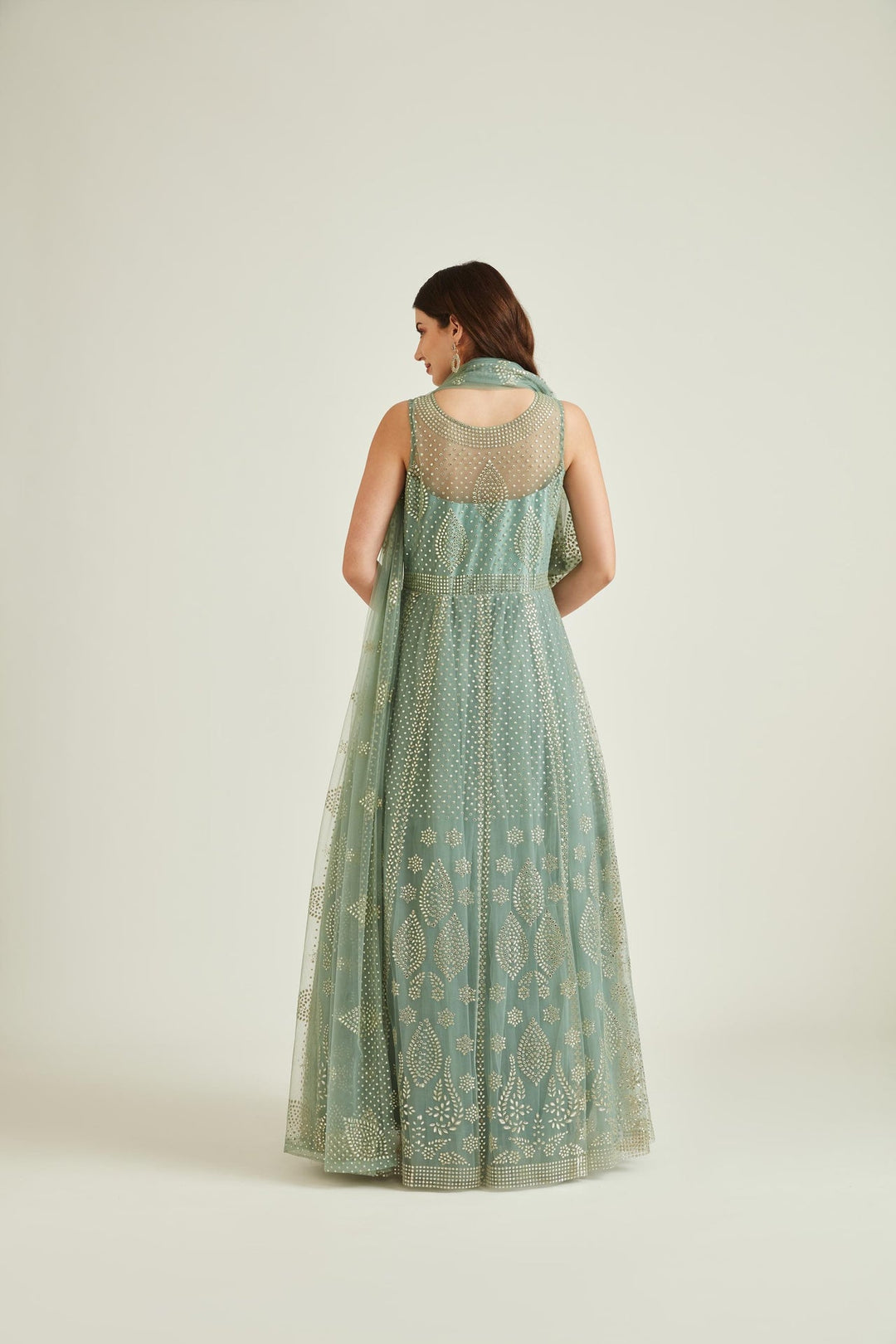 Neerus Blue net mirror work gown - back view