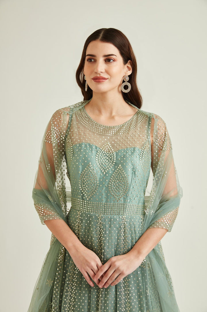 Neerus Blue net mirror work gown - side view