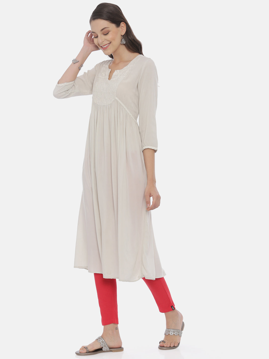 Neerus Beige rayon solid kurti - side view