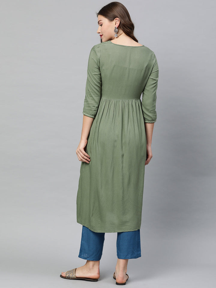 Neerus Green rayon embroidered A-line kurti - detail view 1