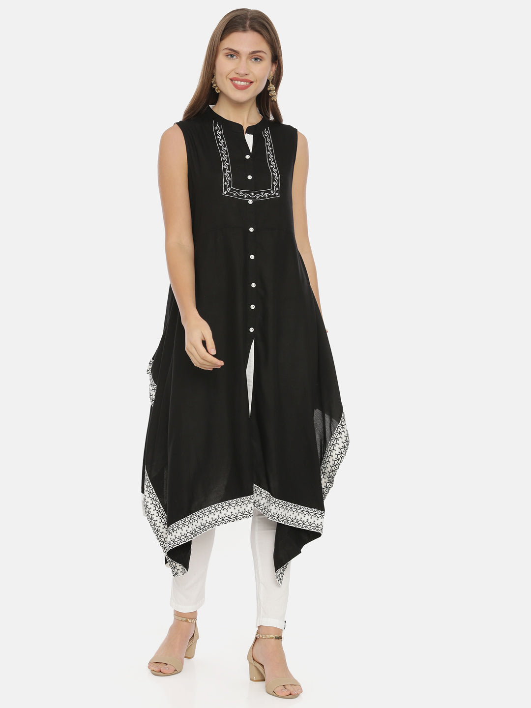 Neerus Black muslin straight kurti - front view