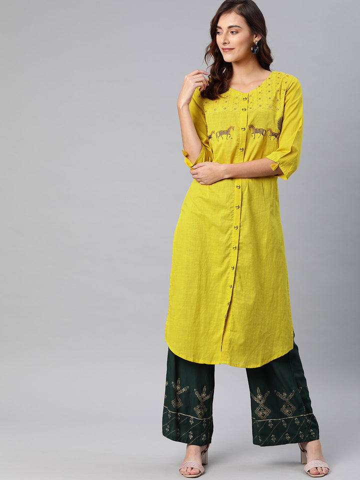 Neerus Yellow rayon embroidered A-line kurta - front view
