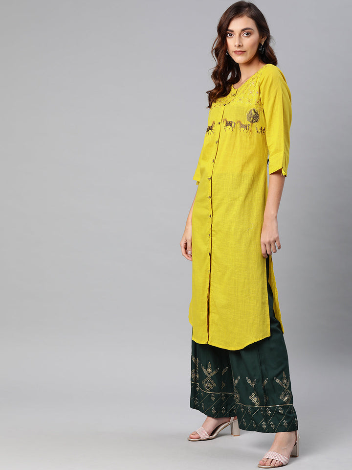 Neerus Yellow rayon embroidered A-line kurta - side view