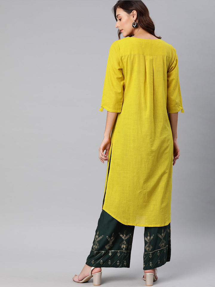 Neerus Yellow rayon embroidered A-line kurta - detail view 1