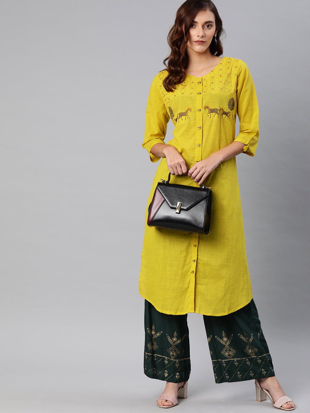 Neerus Yellow rayon embroidered A-line kurta - detail view 2