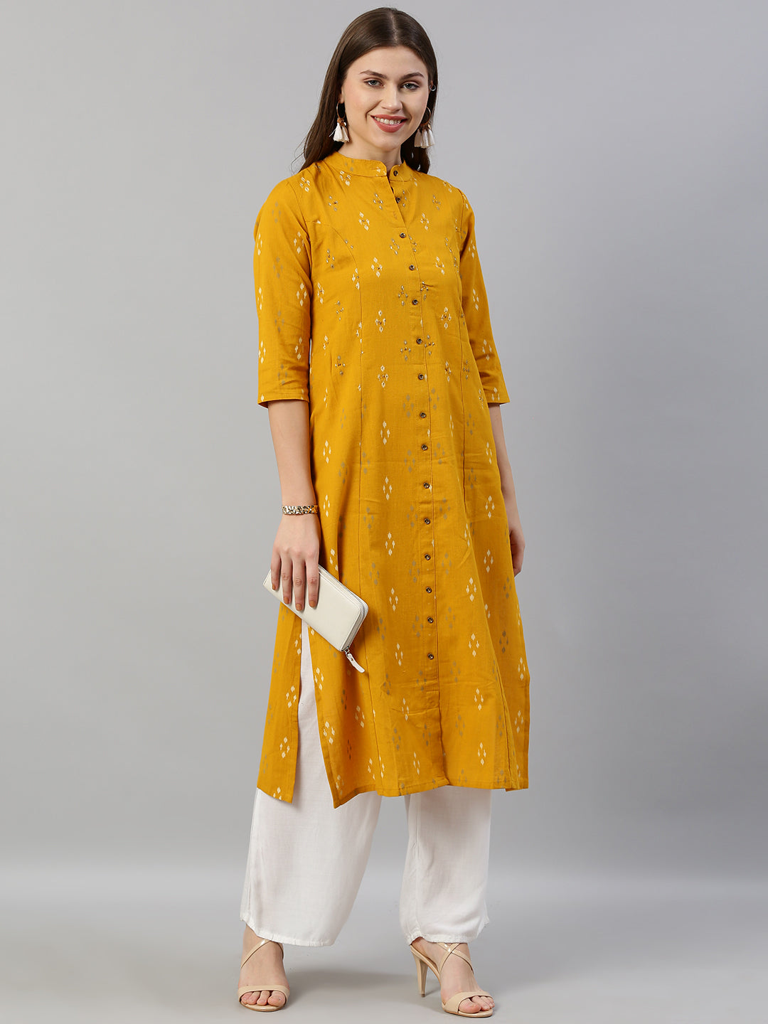 Neerus Yellow cotton printed A-line kurta - front view