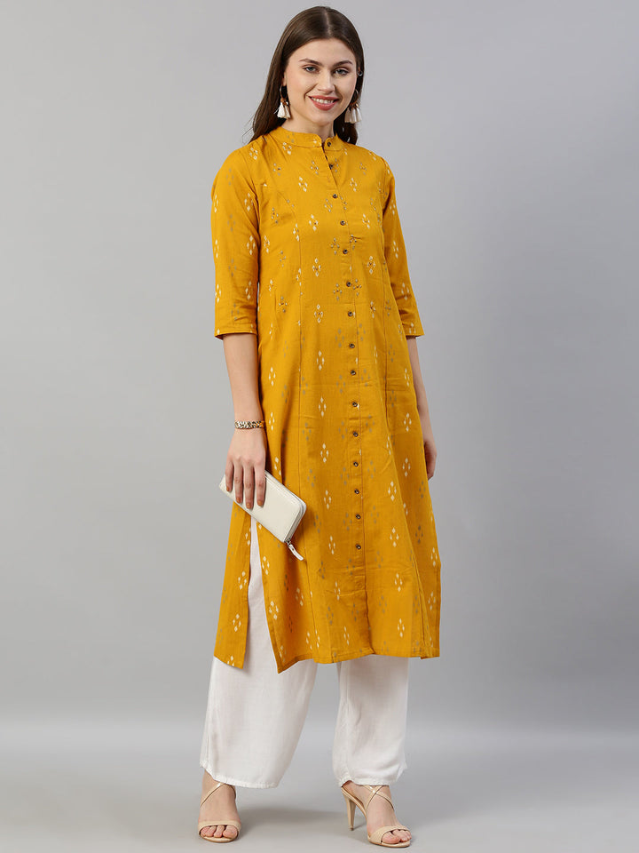 Neerus Yellow cotton printed A-line kurta - front view