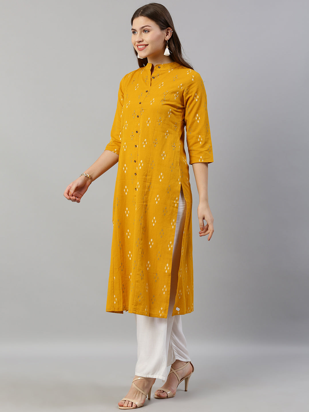 Neerus Yellow cotton printed A-line kurta - side view