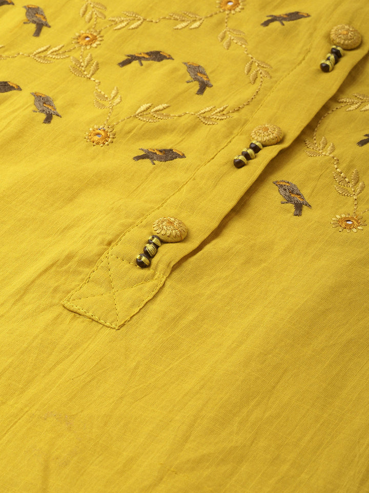 Neerus Yellow slub cotton embroidered straight kurta - detail view 2