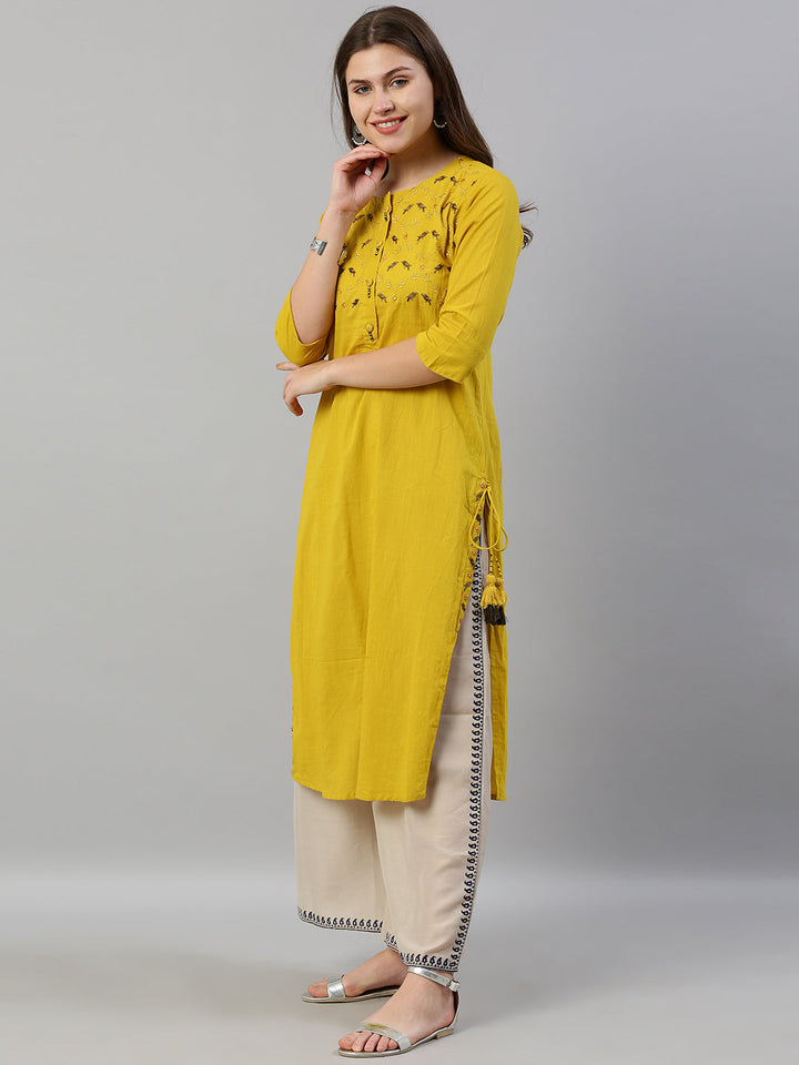 Neerus Yellow slub cotton embroidered straight kurta - back view
