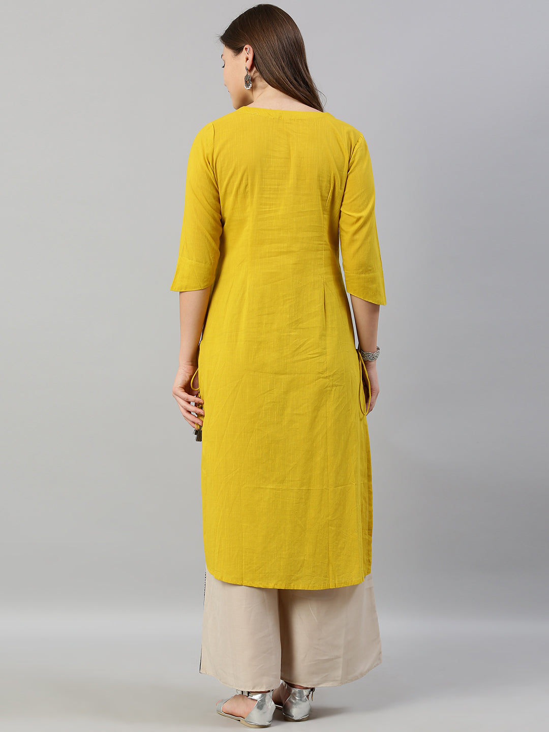 Neerus Yellow slub cotton embroidered straight kurta - side view