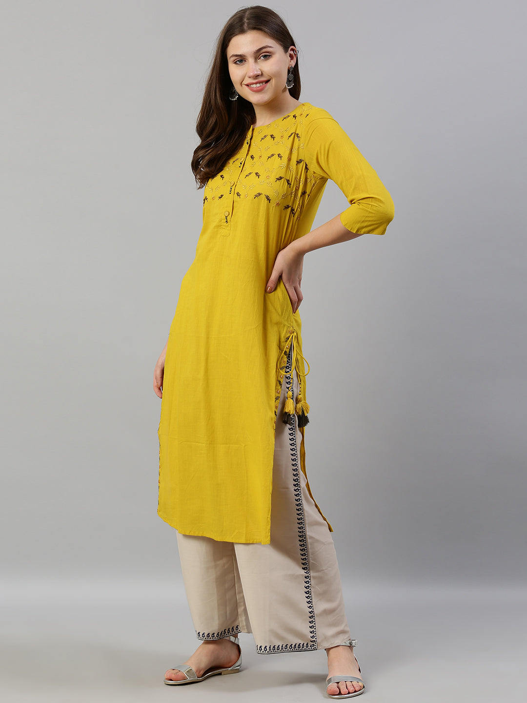 Neerus Yellow slub cotton embroidered straight kurta - detail view 1