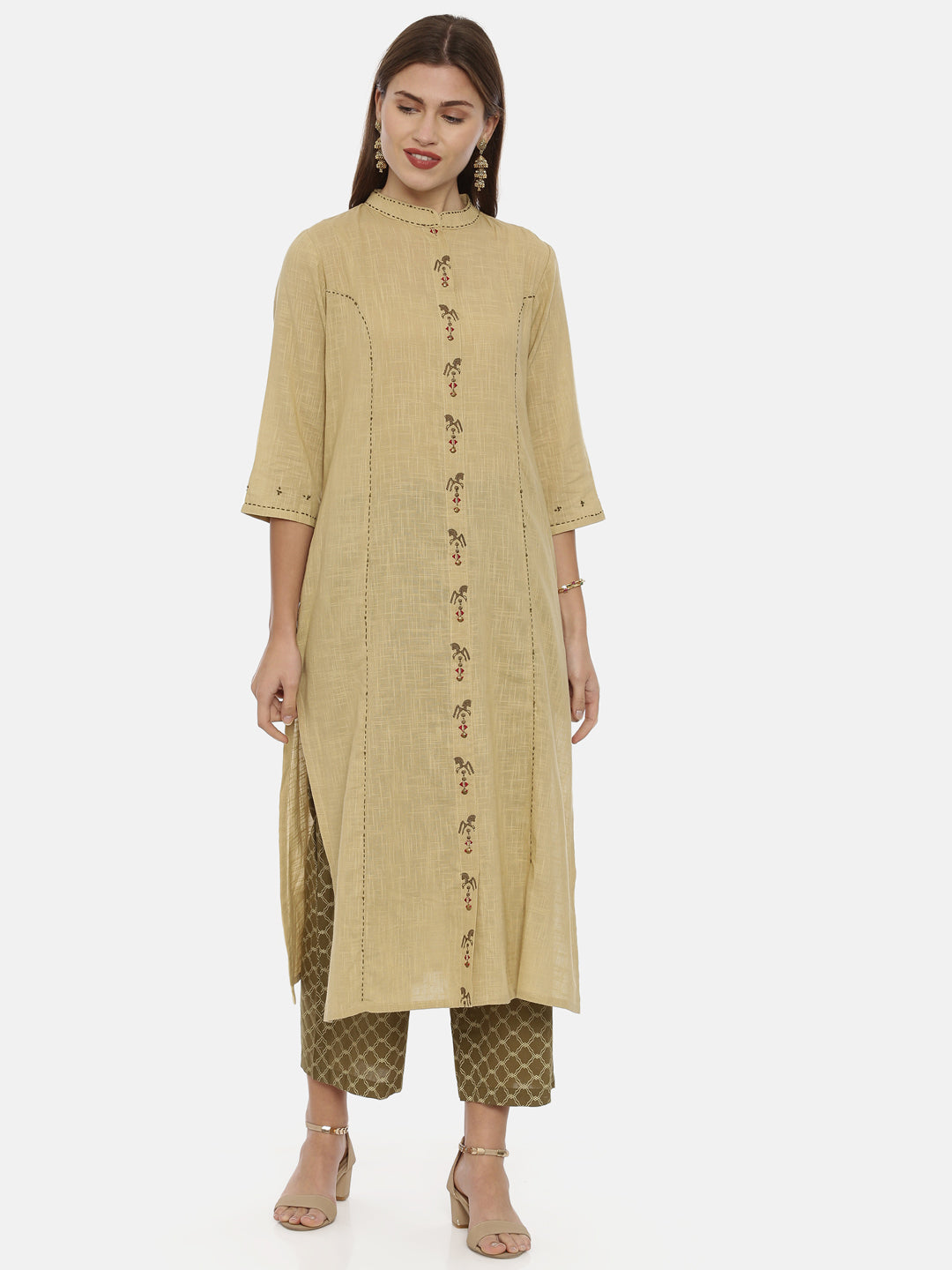 Neerus Beige muslin embroidered A-Line kurta - detail view 4