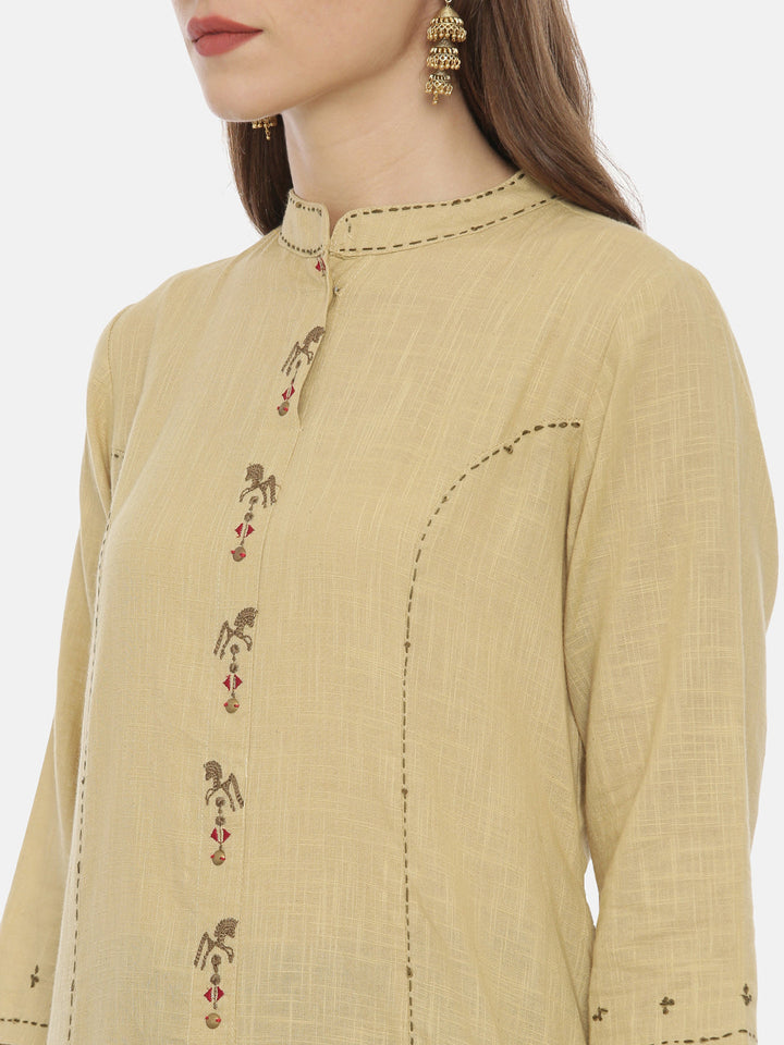 Neerus Beige muslin embroidered A-Line kurta - back view