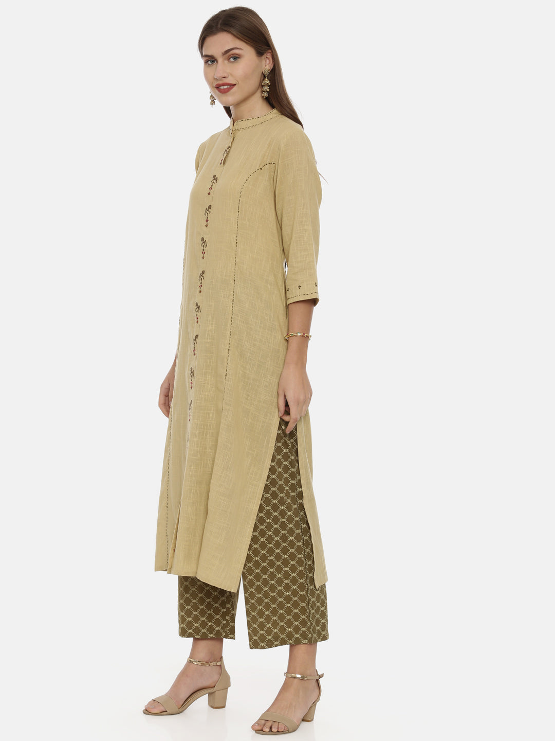 Neerus Beige muslin embroidered A-Line kurta - side view