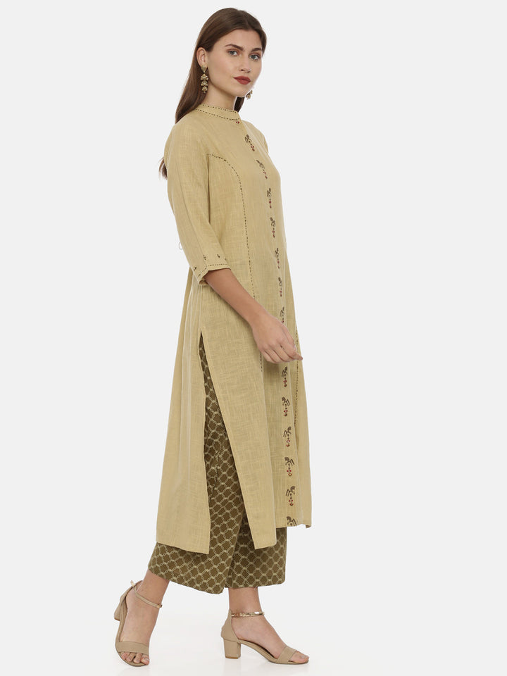 Neerus Beige muslin embroidered A-Line kurta - detail view 1