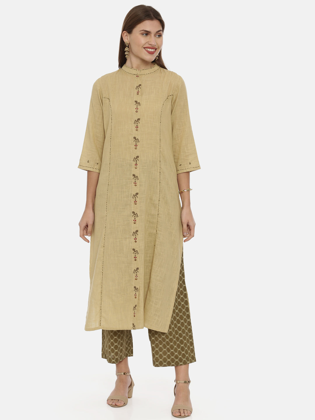 Neerus Beige muslin embroidered A-Line kurta - detail view 3