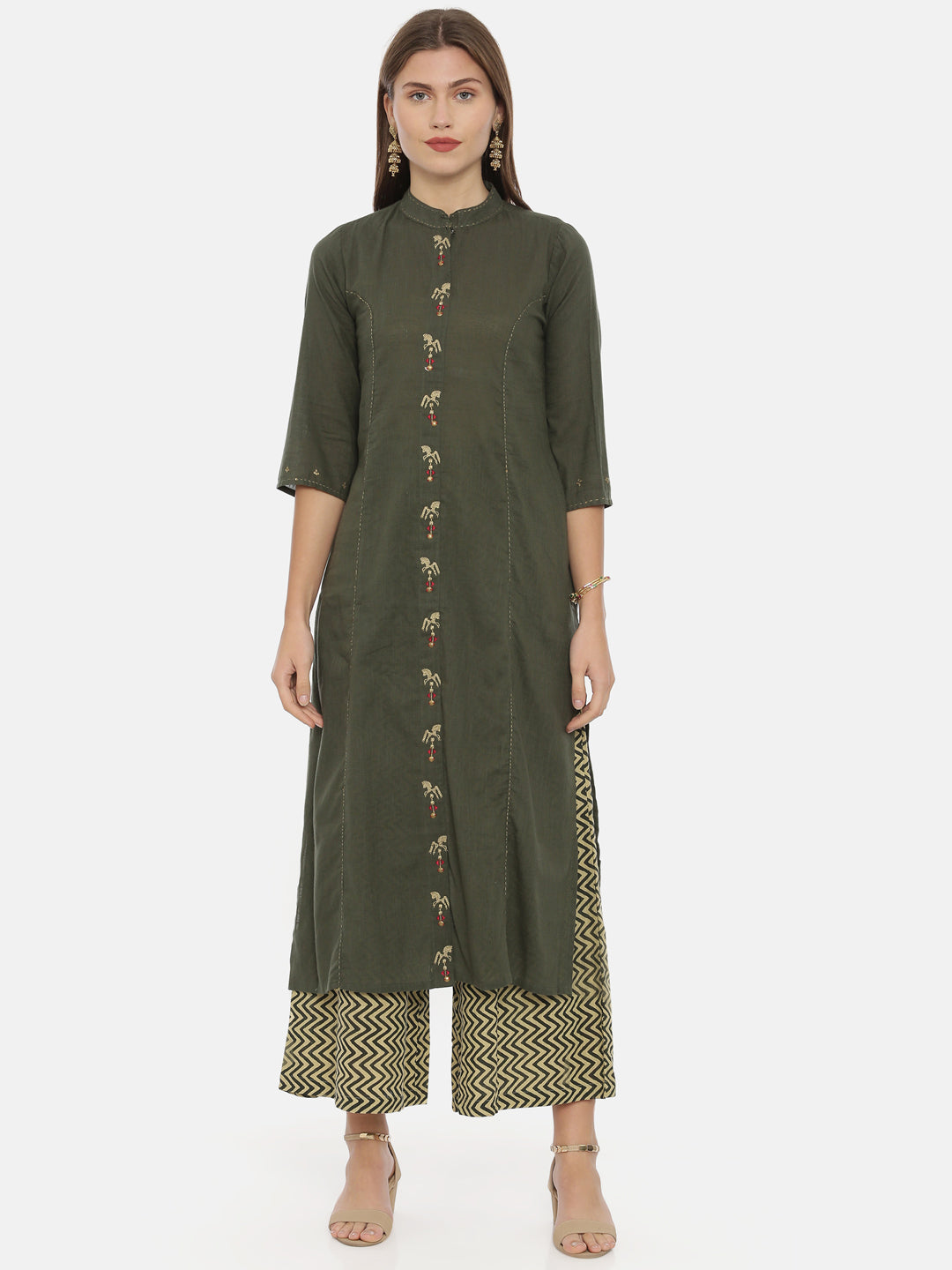 Neerus Green cotton embroidered A-line kurta - front view